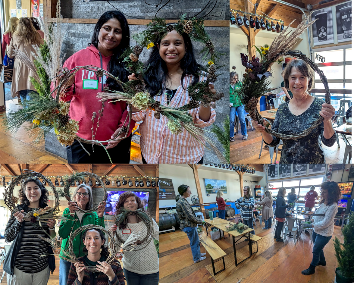 This is a collage of photo of people holding twiggy leaves. Many look through the center of thier wreaths. One photo shows a woman talking to a group of people that stand around benches and tables.